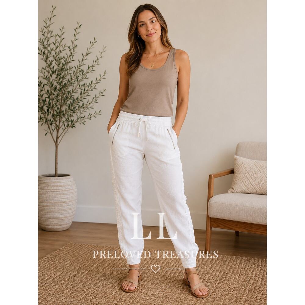 Athleta White Linen Blend Jogger‎ Pants Women’s Size 14P Petite Zip Pocket